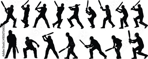 Cricket player silhouettes in dynamic batting stances — sports motion reference for technique, posture, gear, and athletic action