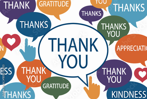 A collection of colorful speech bubbles with words like "THANK YOU" and "GRATITUDE" expressing appreciation and thankfulness.