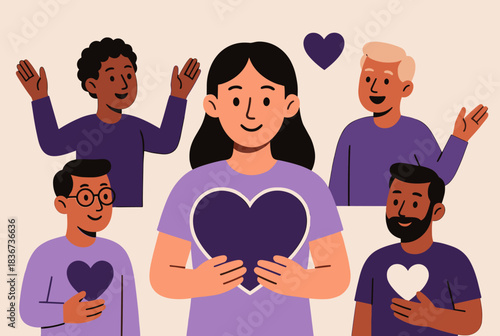 A diverse group of people in purple shirts showing hearts, symbolizing love, empathy, and community connection.