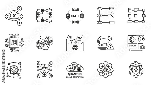 Collection of Quantum Computing and Theoretical Physics Icons and Symbol Set