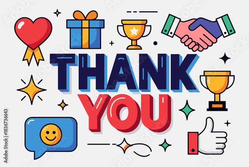 Stylized 'THANK YOU' message surrounded by icons of appreciation, success, and positive feedback.