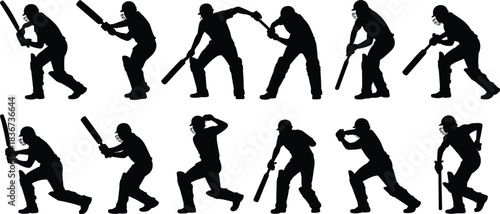 Cricket player silhouettes in varied batting stances — sports motion reference for technique, gear, posture, and athletic action