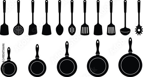 Kitchen utensils silhouette, cooking tools vector, black icons set, spatula ladle spoon pan, culinary equipment design, food preparation illustration