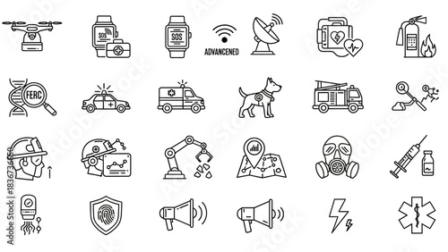 Collection of safety and rescue icons with advanced technological integration for emergency services