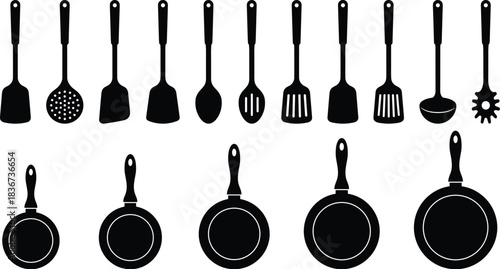 Kitchen utensils, cooking tools, frying pans, silhouette icons, culinary equipment, black shapes, cookware set, food prep, restaurant supplies, kitchenware