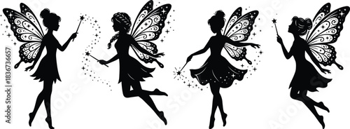 Magical fairy silhouettes, fantasy wings, enchanted sparkle, whimsical pose, wand stars, mystical charm, decorative dress, dreamy flight, fairy tale magic