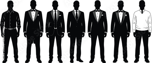 Male fashion silhouettes, formal wear, tuxedo styles, business attire, suit variations, dress code comparison, elegant menswear, stylish outfit lineup