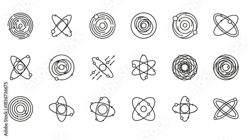 Collection of Science and Technology Icons Representing Atoms and Galaxies in Vector Format