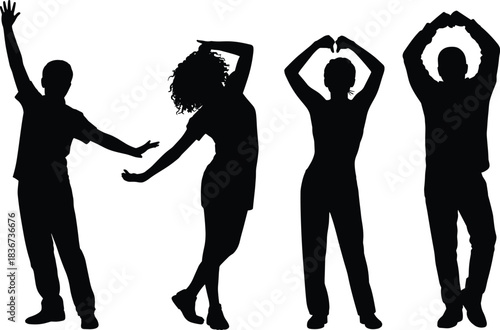 Expressive silhouette poses of diverse individuals — dance, unity, and movement reference for emotion, gesture, and body language studies