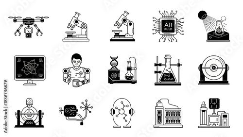 Collection of science and technology icon illustrations showcasing innovation and research
