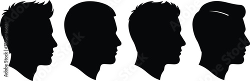 Male hairstyle silhouette, profile view, black head icons, trendy haircut styles, grooming reference, fashion design, barbershop concept, vector illustration