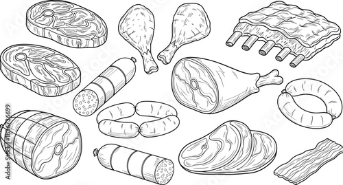 meat illustration, steak drawing, sausage sketch, ham artwork, ribs line art, bacon vector, butcher cuts, culinary design, food graphic, protein concept