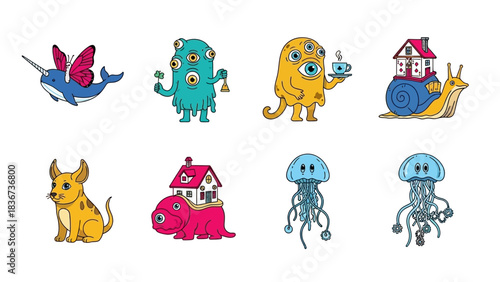 Collection of whimsical cartoon creatures and fantastical animals in vibrant colors and playful