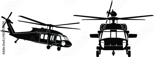 Military helicopter silhouette, Black Hawk side view, front view aircraft, tactical aviation, rotor blades, army transport, defense illustration, war