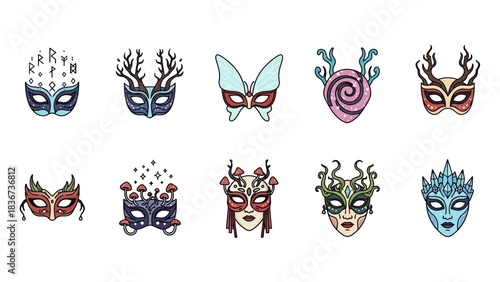 Collection of whimsical masquerade masks featuring fantasy elements and mythological influences