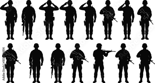 Military silhouettes, soldier poses, army stances, combat readiness, tactical positions, rifle handling, saluting troops, battlefield action, defense force, war training