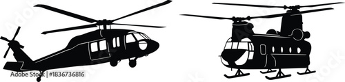 Military helicopter silhouettes, Black Hawk, Chinook, tandem rotor, single rotor, army aircraft, aviation, transport, defense, silhouette, war, tactical, airborne, mission, combat, landing gear