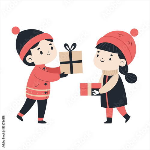 Children exchanging gifts during the holiday season, symbolizing generosity and festive cheer