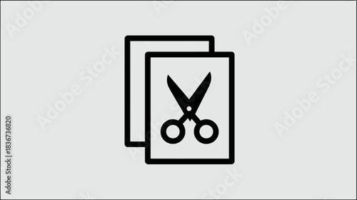 Cut icon with scissors on document page. Digital interface button for editing, clipping, deleting, or trimming content. Graphic design element.