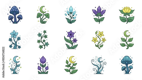 Collection of whimsical floral and mycological illustrations with celestial elements