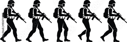 Military soldiers marching in formation, silhouette army troops, combat gear, rifle ready, battlefield discipline, tactical movement, war readiness, defense unity