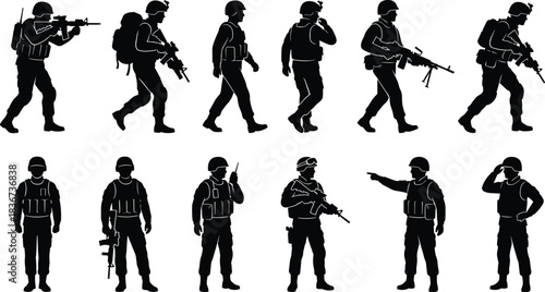 Military silhouettes, tactical soldiers, combat poses, armed forces, battlefield action, war zone, defense strategy, army gear, weapon training, soldier teamwork
