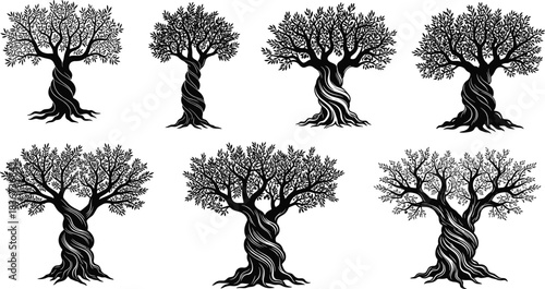 Stylized twisted tree illustrations with swirling trunks and dense canopies in black vector art for nature, design, and logo use.