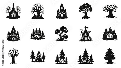 Collection of whimsical treehouse illustrations in a minimalist black and white design style