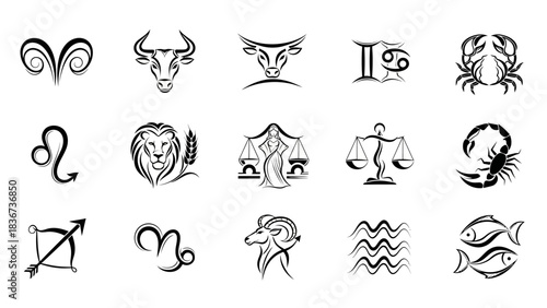 Collection of Zodiac Signs: A Black and White Illustration of Astrological Symbols, Featuring