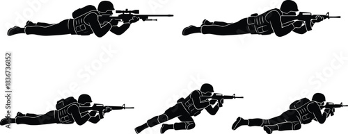 Military, soldier, tactical, combat, rifle, prone, crouch, silhouette, armed, defense, warfare, helmet, position, training, shooting, battlefield, gear, readiness, illustration, engagement