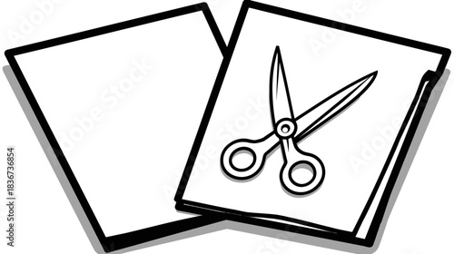 Black and white line art illustration of an open pair of scissors on a sheet of paper next to a blank sheet, ideal for crafts, DIY, and office themes.