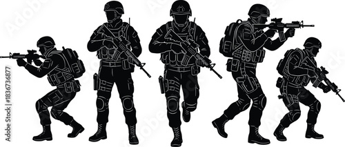 Military, soldier, tactical, combat, silhouette, rifle, armed, warfare, defense, helmet, squad, mission, battlefield, gear, training, operation, teamwork, weapon, maneuver, strategy