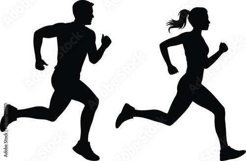 Running male and female silhouettes in active motion — fitness, sports, and human movement reference for dynamic posture and anatomy