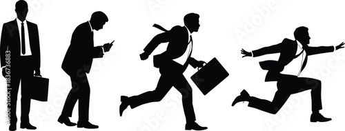 Businessman silhouette progression showing urgency, stress, and motion with briefcase — corporate rush concept for time pressure and deadlines