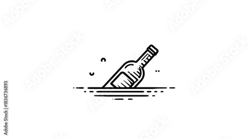 Minimalist line art icon of a message in a bottle floating on water, symbolizing communication, secret, or discovery.