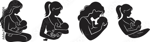 Mother, baby, breastfeeding, silhouette, black, nurturing, care, infant, bonding, love, motherhood, maternal, woman, newborn, cradling, feeding, pose, hairstyle, illustration, connection