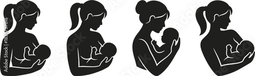 Mother, baby, silhouette, bonding, love, parenting, care, nurturing, infant, embrace, motherhood, profile, woman, child, cuddle, affection, connection, maternal, black, illustration