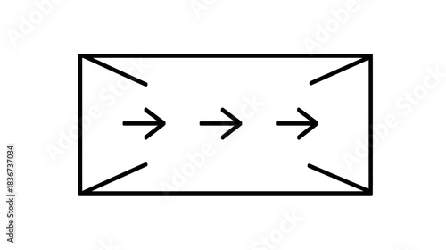 Linear process flow symbol with rightward arrows inside a rectangular funnel shape, indicating direction, progress, and expansion