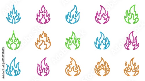 Colorful Neon Fire Icons Illustration with Various Design Styles Collection Set