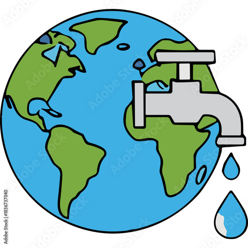 Stylized Earth Globe Depicting Water Faucet Dripping Water Over Continents Symbolizing Water Scarcity or Resource Management Concept