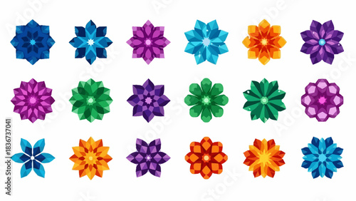 Colorful geometric flower pattern on white background showcasing vibrant floral designs