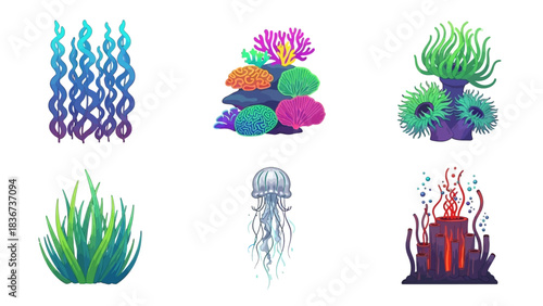 Colorful Underwater Life Collection with Seaweed, Coral Reef, Jellyfish, Anemone and Volcano
