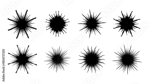 Diverse abstract black sunbursts, adding a dynamic burst to graphic design and illustration