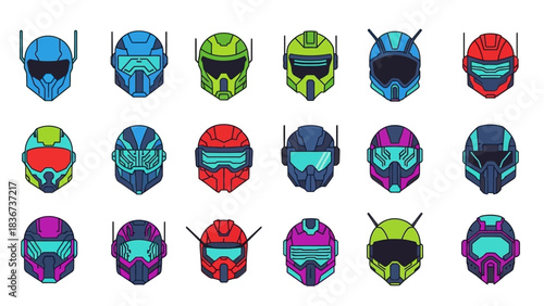 Diverse array of futuristic helmet designs representing science fiction concepts and technology