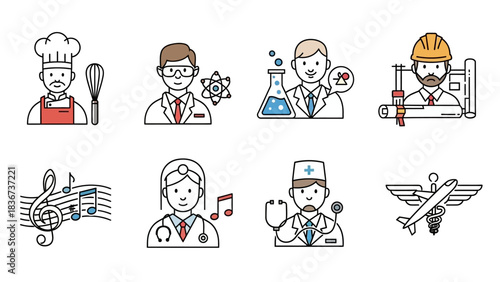 Diverse career paths illustrated in a simple line art style emphasizing various professions