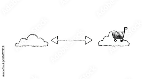 Hand-drawn cloud computing concept with shopping cart, illustrating online data transfer, e-commerce, and digital network services.