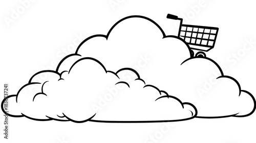 E-commerce cloud computing concept with shopping cart on a cloud. Online shopping, digital marketplace, web services line art illustration.