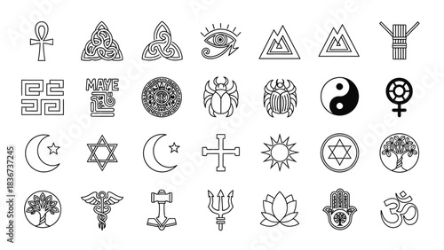 Diverse collection of spiritual and cultural symbols in minimalist black and white design
