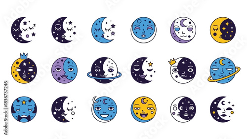 Diverse collection of whimsical moon faces with expressions and celestial elements
