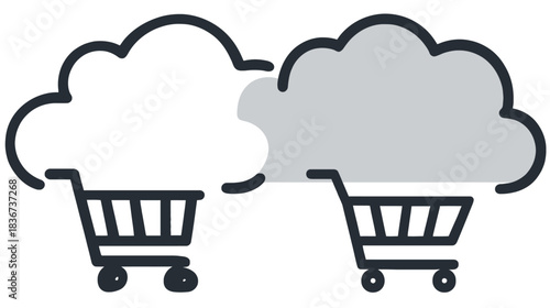 Cloud computing shopping carts concept with two distinct cloud icons and trolleys, representing online retail and e-commerce data storage.